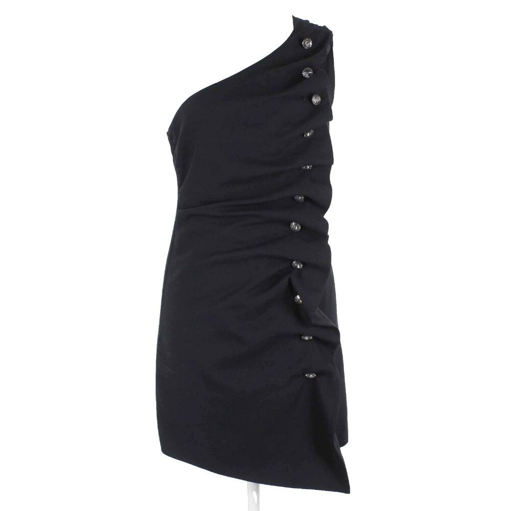 Ce Nouve Au Look Sz P Black One Shoulder Button Ruffle Silk Blend Dress